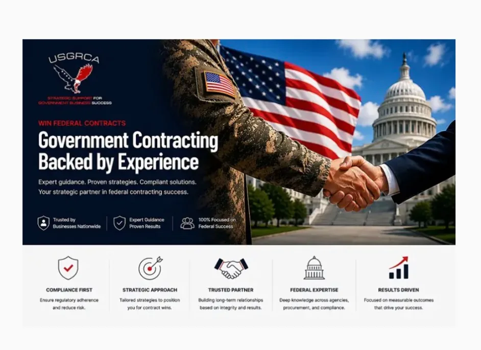 Handshake in front of the U.S. Capitol and flag; banner reads 'Government Contracting Backed by Experience'.
