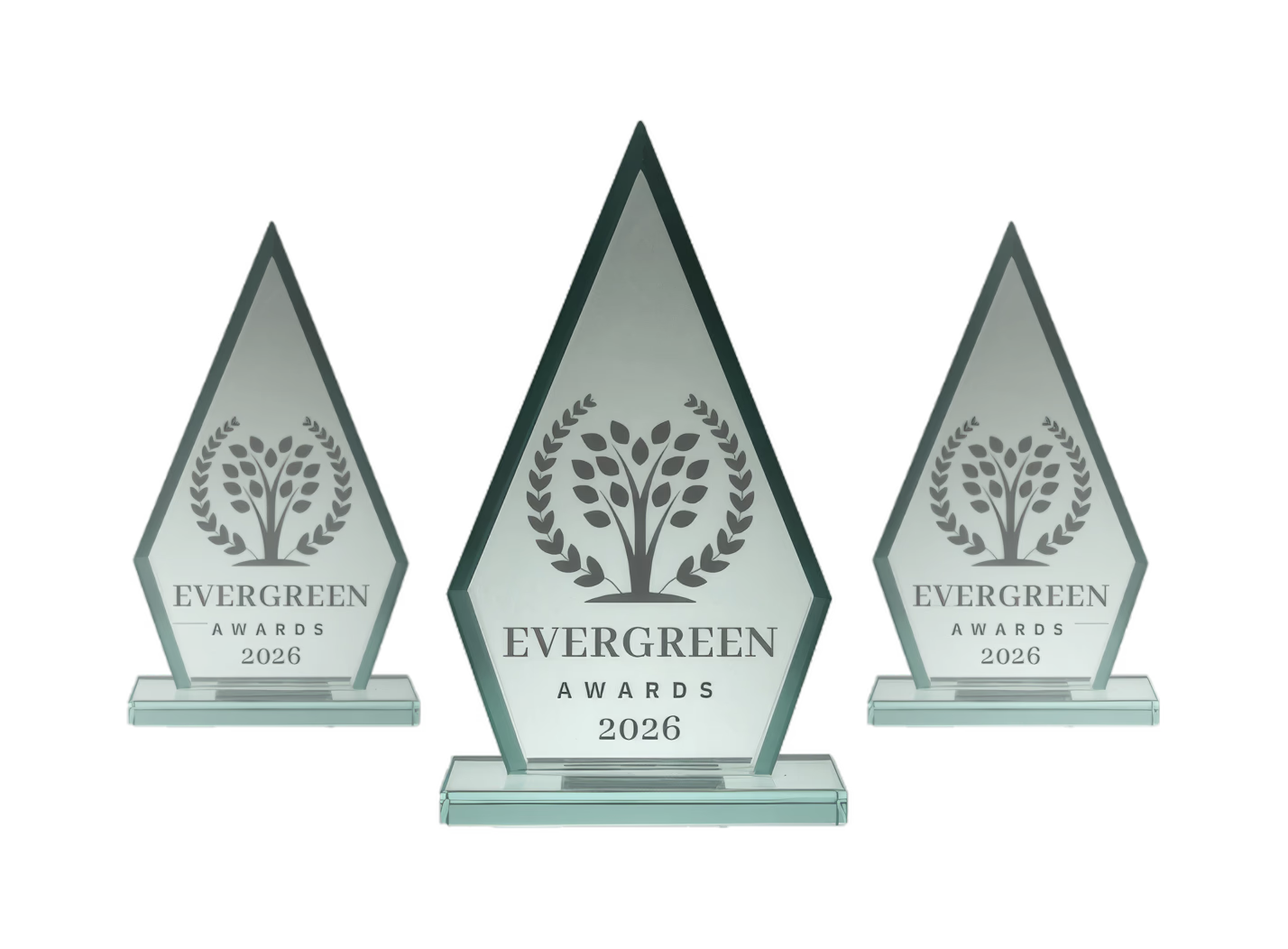 Three diamond-shaped glass trophies with a tree and laurel emblem, labeled "Evergreen Awards 2026".