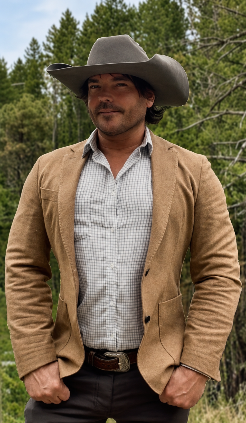 Man wearing a brown blazer and cowboy hat stands outdoors by a forested riverbank.